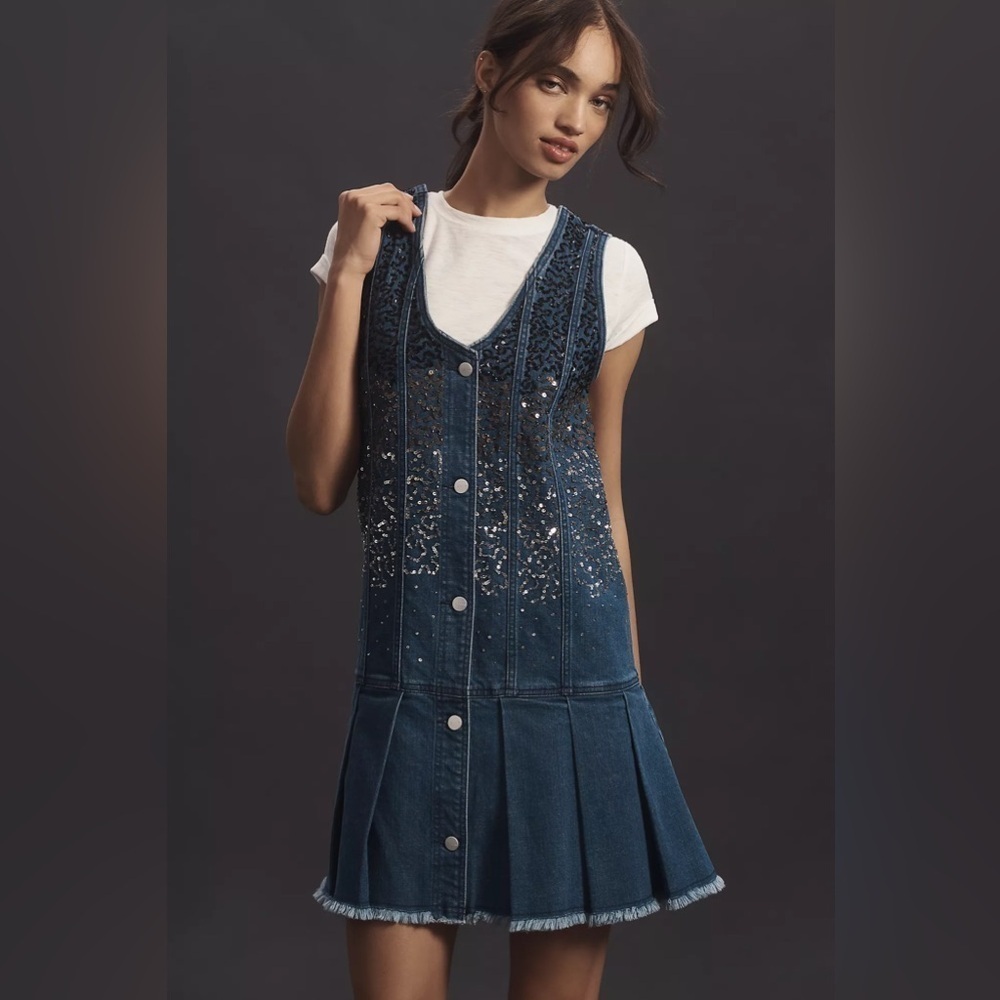 NWT! Anthropologie Pilcro Sparkle Denim Button-Front Mini Dress - Size XL 🧸